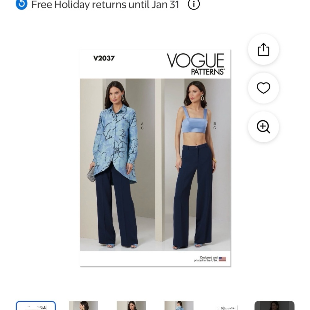 Vogue V2037 Size B5 Misses Shirt, Crop Top, & Pants Business Suit Sewing Pattern